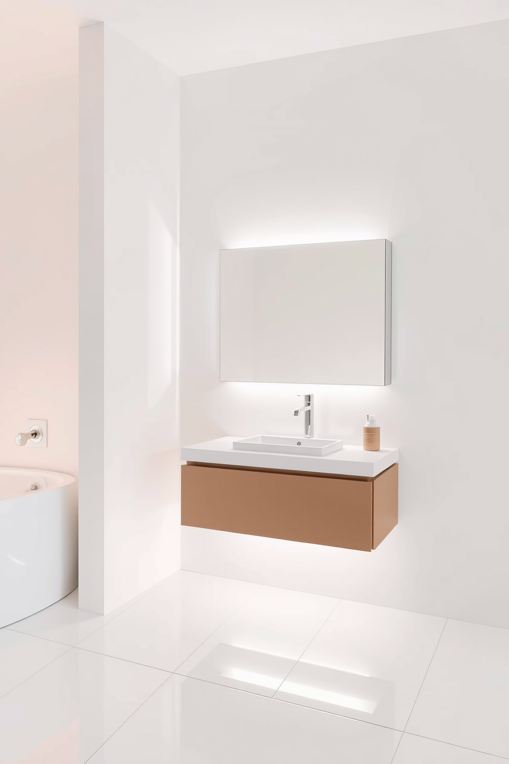 A sleek floating vanity is positioned against a bright white wall, featuring a smooth countertop with an integrated sink. Soft under-cabinet lighting illuminates the vanity, creating a warm and inviting ambiance. The bathroom showcases a minimalist design with large white tiles on the floor and walls, enhancing the sense of space. A large frameless mirror hangs above the vanity, reflecting the clean lines and modern fixtures.