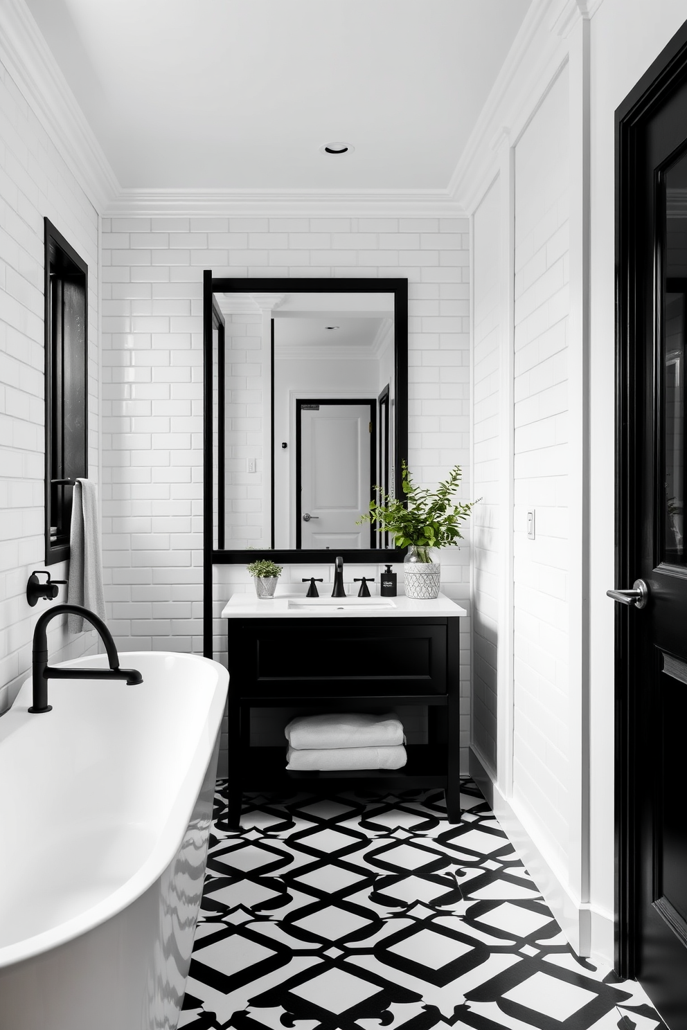 A stunning white bathroom design featuring bold black accents. The space includes a freestanding white bathtub with a matte black faucet and a chic black-framed shower enclosure. The walls are adorned with elegant white subway tiles, while the floor showcases a striking black and white geometric pattern. A minimalist black vanity with a white countertop complements the overall aesthetic, and fresh greenery adds a touch of vibrancy to the space.