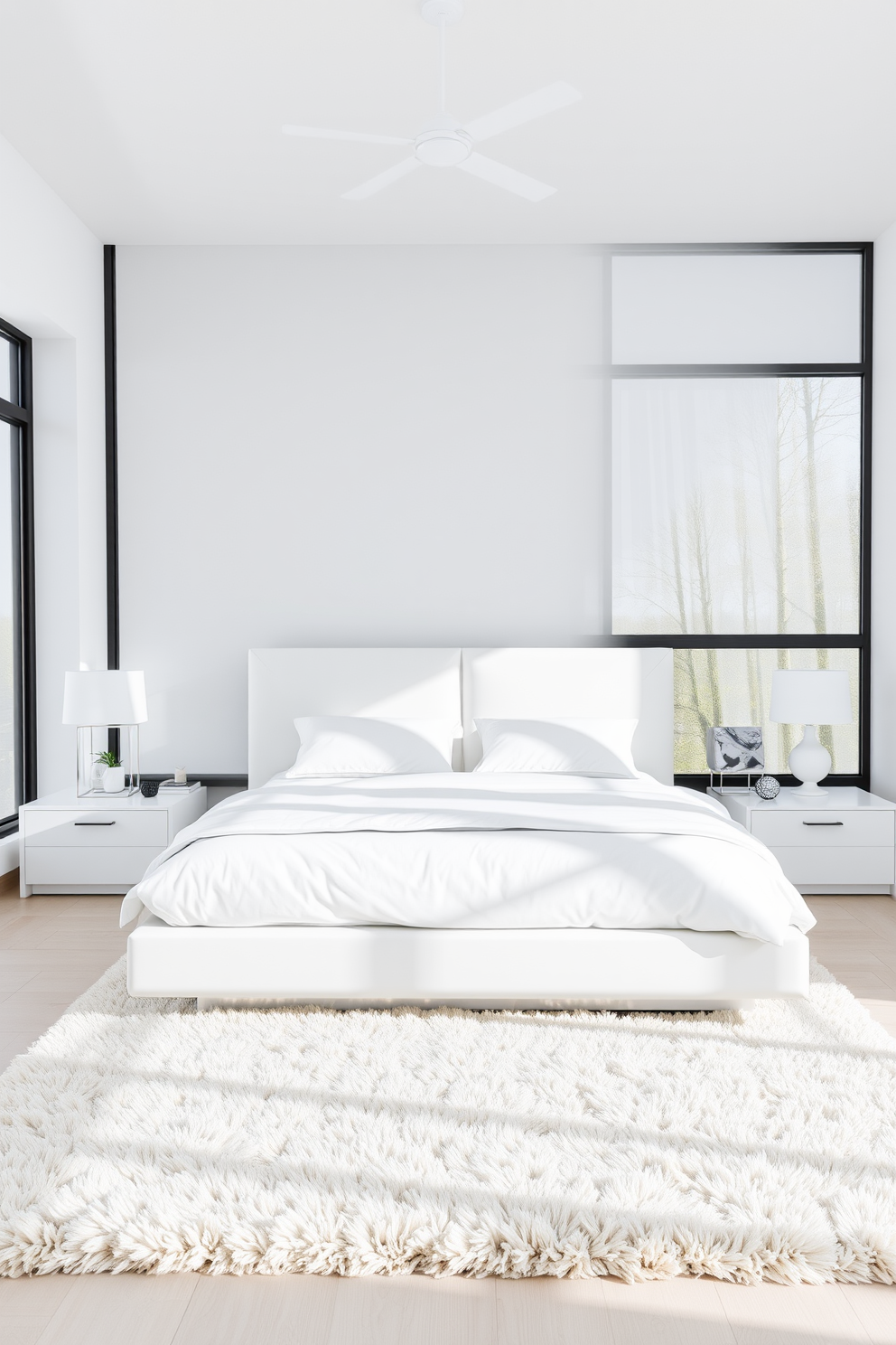 A serene white bedroom with minimalist furniture that emphasizes sleek aesthetics. The bed features a low-profile frame with crisp white linens and a simple geometric headboard, complemented by matching nightstands on either side. Natural light floods the space through large windows, illuminating the clean lines and uncluttered surfaces. A plush area rug in a soft neutral tone anchors the room, adding warmth to the overall design.