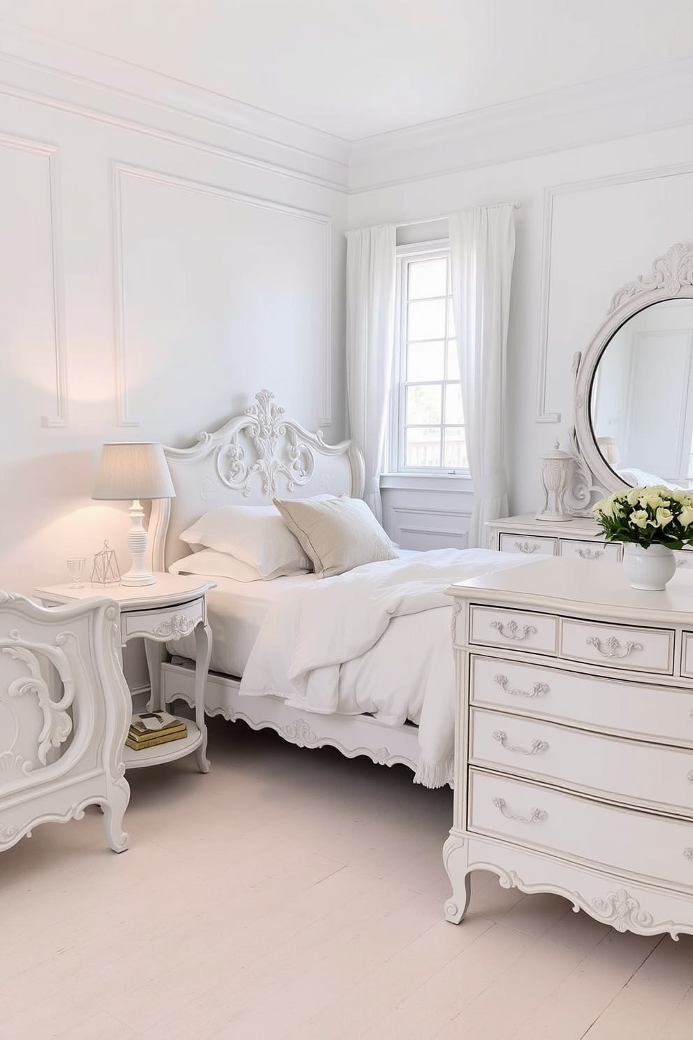 A serene white bedroom featuring vintage furniture that exudes classic elegance. The room includes an ornate white wooden bed with intricate carvings and a matching bedside table adorned with a delicate lamp. Soft white linens drape over the bed, complemented by plush pillows in subtle pastel hues. A vintage dresser with a large round mirror reflects the light from a nearby window, enhancing the room's airy atmosphere.