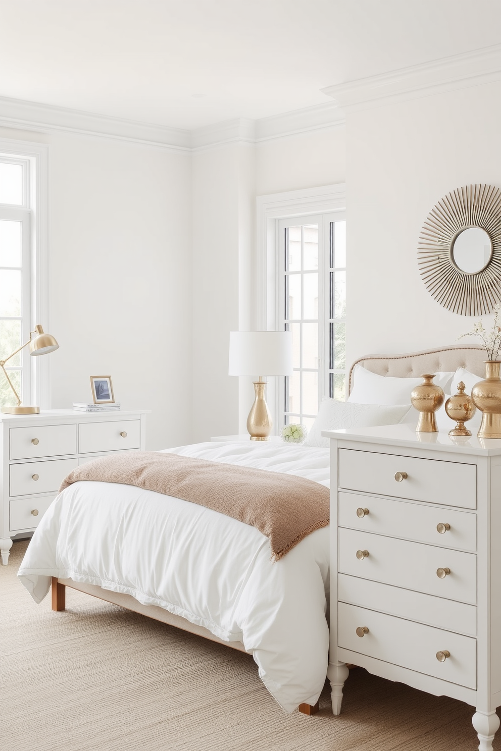 A serene white bedroom setting featuring a monochromatic palette with varied textures. The walls are adorned with soft white wallpaper, while the bedding consists of layered white linens and a plush white throw blanket. A sleek white upholstered headboard complements the minimalist design, and a pair of white nightstands flank the bed. Natural light filters through sheer white curtains, illuminating a cozy reading nook with a white armchair and a small white side table.