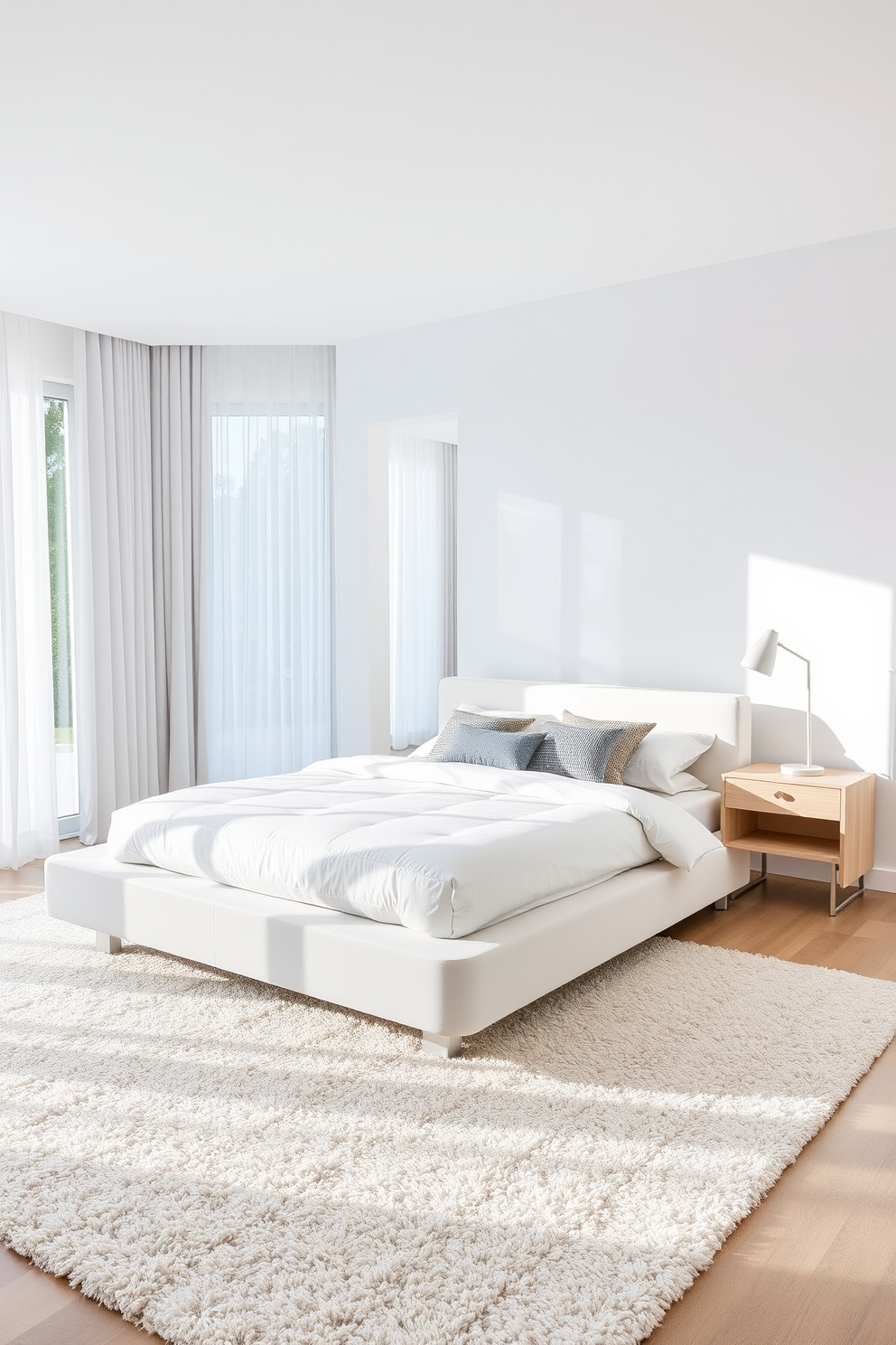 A modern white platform bed is the focal point of the room, featuring clean lines and a minimalist design. The bedding consists of soft white linens, accented with textured throw pillows in shades of gray and beige. The walls are painted in a crisp white, creating a serene atmosphere, while natural light floods in through large windows dressed with sheer curtains. A light wood nightstand on one side holds a sleek lamp, and a plush area rug adds warmth to the space.