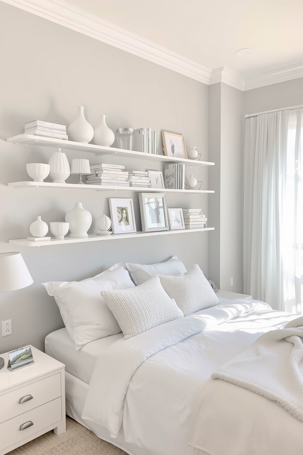 Open shelving displays an array of white decor accents including vases, books, and framed artwork. The shelves are mounted on a soft gray wall, creating a serene backdrop that enhances the simplicity of the white decor. The bedroom features a spacious layout with a plush white bed adorned with textured pillows and a cozy throw blanket. Natural light streams in through sheer curtains, illuminating the room and highlighting the elegant white furniture.