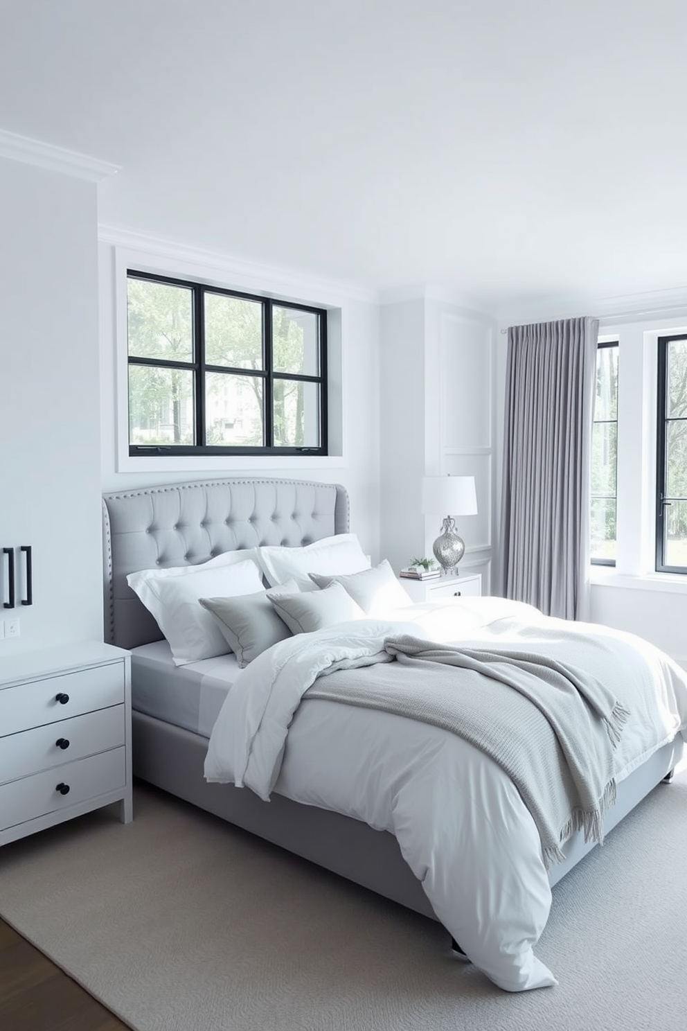 A serene white bedroom featuring soft gray accents. The walls are painted in a crisp white, complemented by a plush gray upholstered headboard. The bedding consists of white linens layered with a light gray throw blanket. Large windows allow natural light to flood the room, enhancing the tranquil atmosphere.