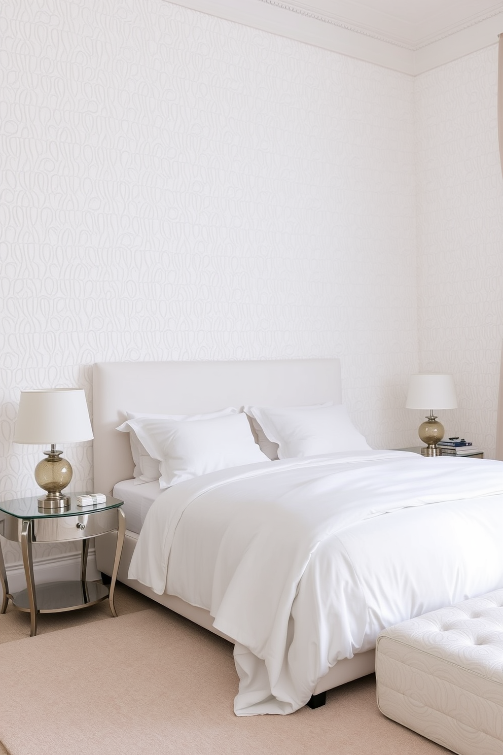 A serene bedroom setting featuring textured white wallpaper that adds depth and sophistication to the space. The room is adorned with a plush white bed dressed in soft linens, complemented by elegant bedside tables and stylish lamps.