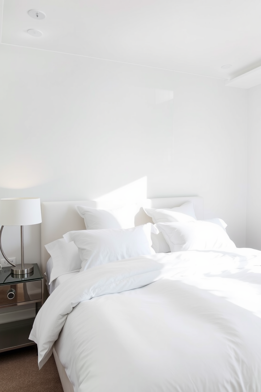 A bright white bedroom featuring sleek lighting fixtures that enhance the overall brightness of the space. The walls are painted in a crisp white, complemented by soft textures and a minimalist aesthetic. The bed is dressed in luxurious white linens with plush pillows, creating a serene and inviting atmosphere. A stylish nightstand holds a modern lamp that adds to the room's elegance and functionality.