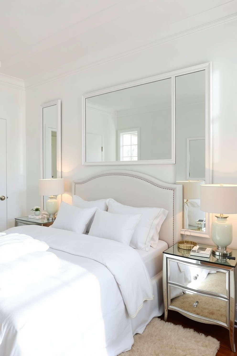 A serene white bedroom setting featuring white framed mirrors that reflect natural light and create an illusion of a larger space. The room is adorned with soft white bedding, a plush area rug, and elegant bedside tables with stylish lamps.