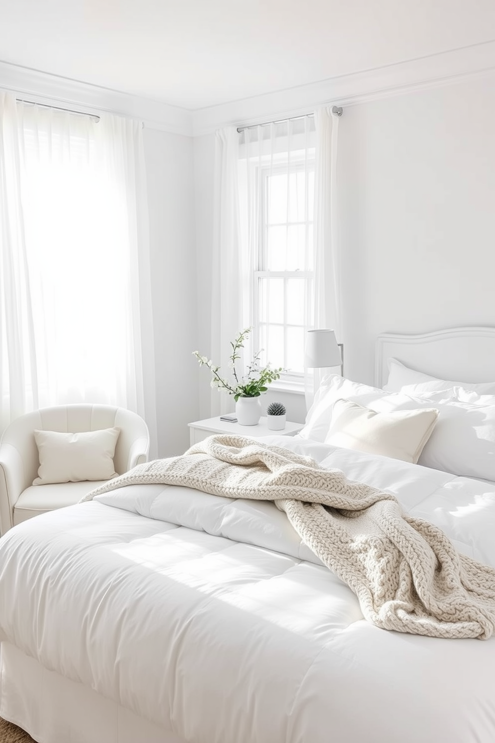 A serene bedroom featuring minimalist white furniture that enhances the sleek aesthetic. The bed is adorned with crisp white linens and complemented by simple bedside tables with elegant lamps. The walls are painted in a soft white hue, creating an airy atmosphere. Natural light floods the room through large windows, illuminating the clean lines and uncluttered design.