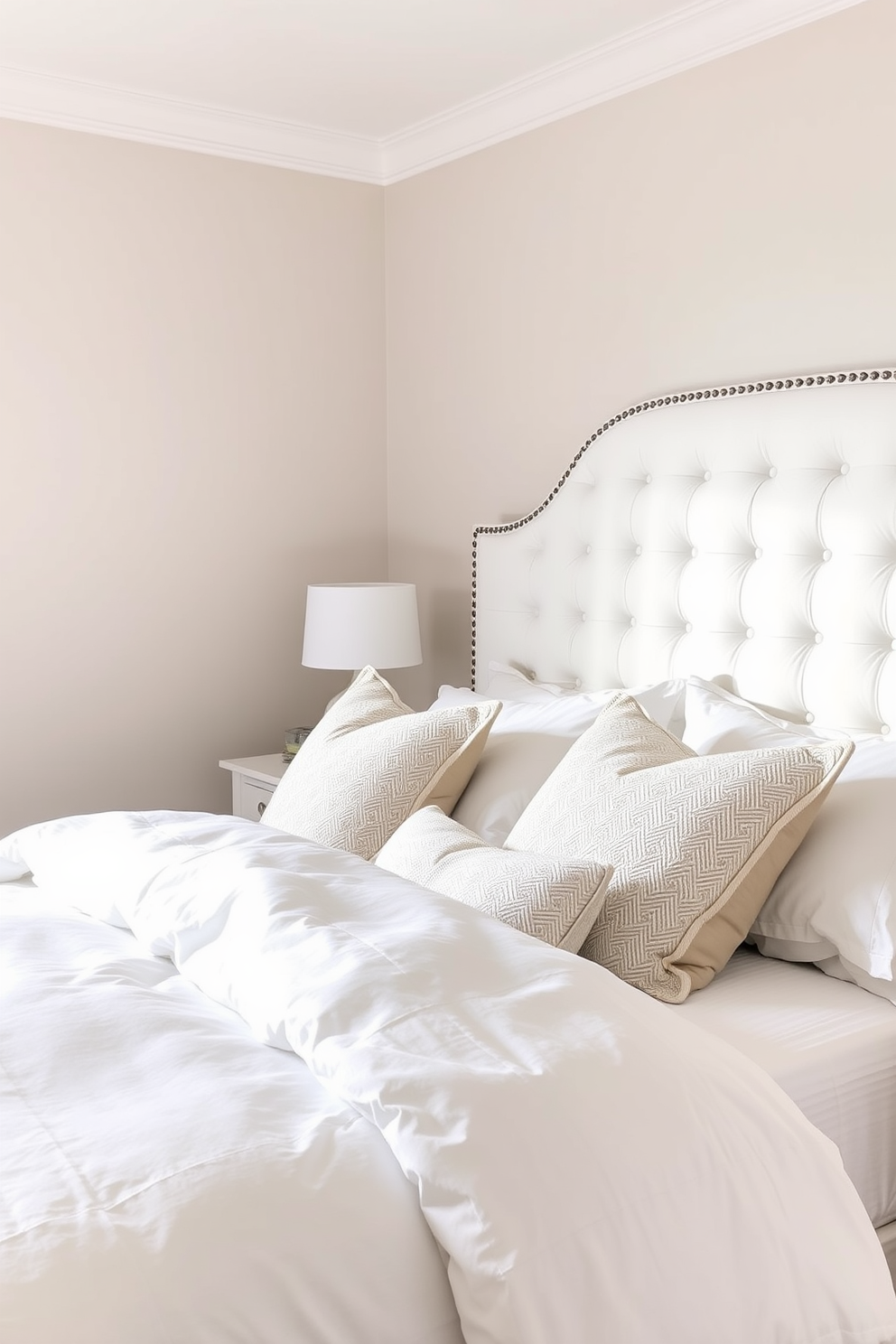 A serene bedroom setting featuring a white upholstered headboard that adds a touch of comfort and elegance. The walls are painted in a soft pastel hue, and the bedding is layered with plush white linens and decorative pillows for a cozy atmosphere.