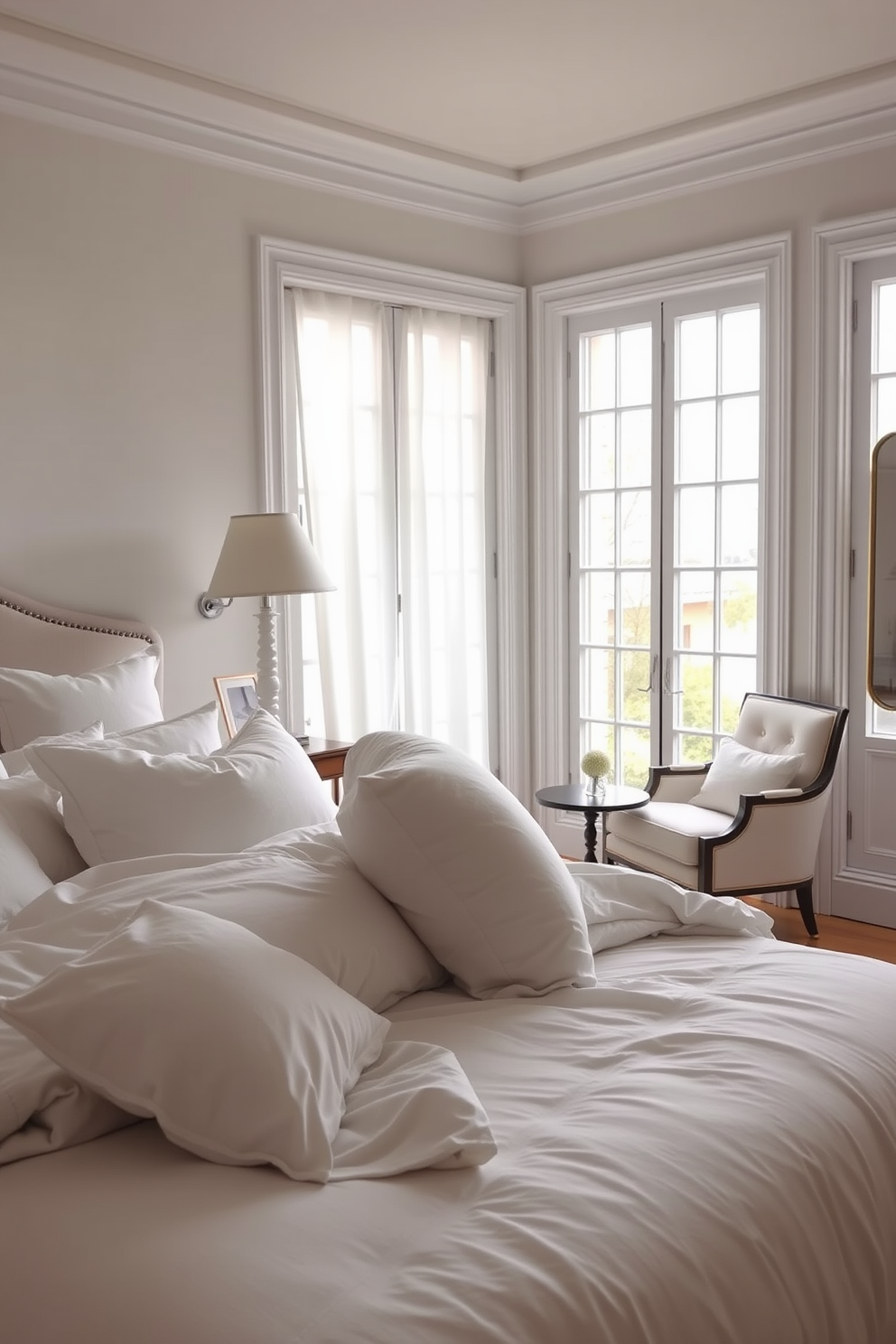 Classic white dressers with brass handles stand elegantly against the soft pastel walls of the bedroom. The room features a plush white bed adorned with textured pillows and a cozy throw blanket, creating a serene and inviting atmosphere. Natural light filters through sheer curtains, illuminating the space and highlighting the delicate details of the furnishings. A stylish area rug anchors the room, adding warmth and a touch of sophistication to the overall design.