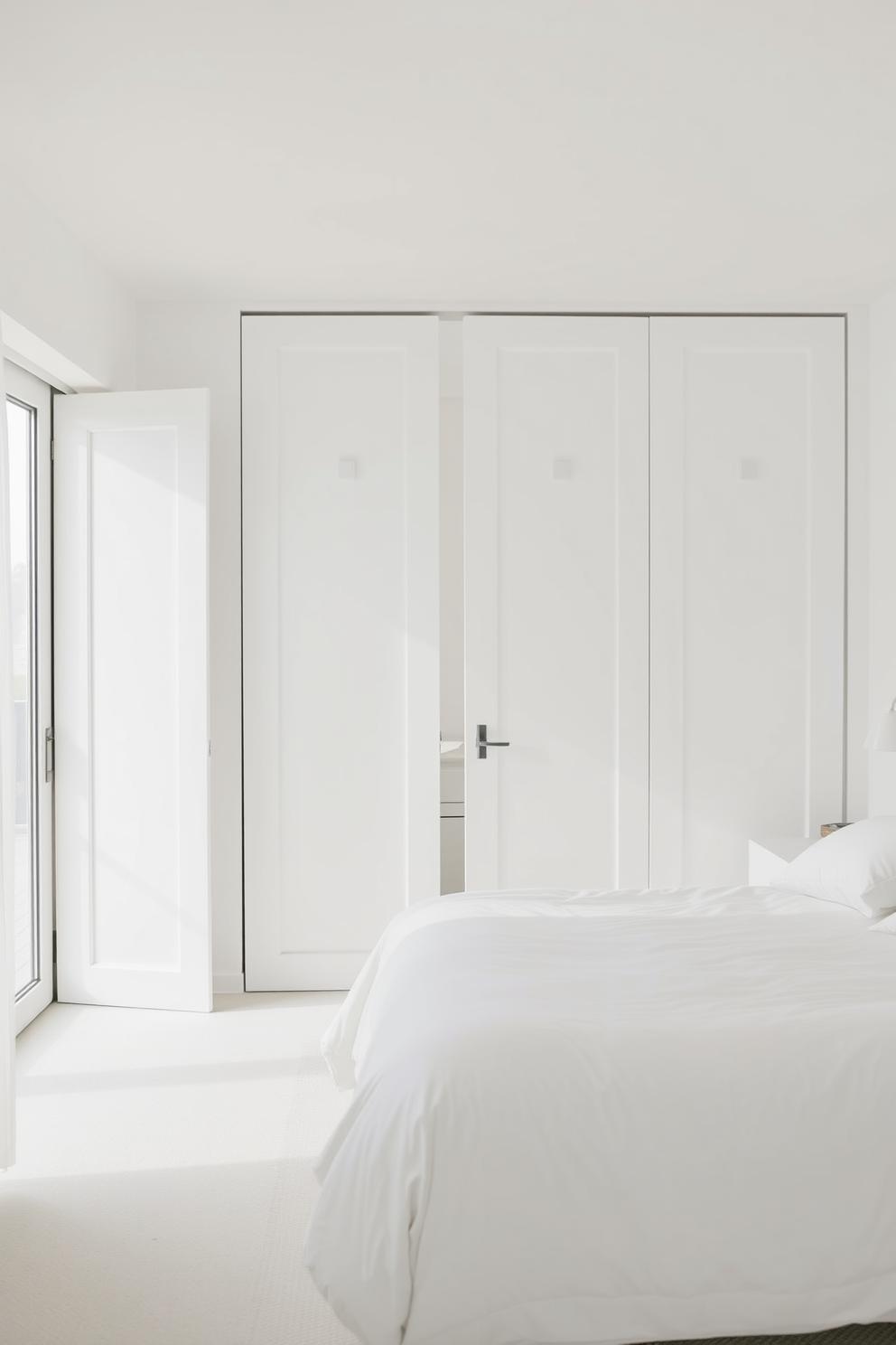 A serene white bedroom featuring white sliding doors that enhance space-saving design. The room is adorned with soft textures and minimalist furniture for a calming atmosphere.