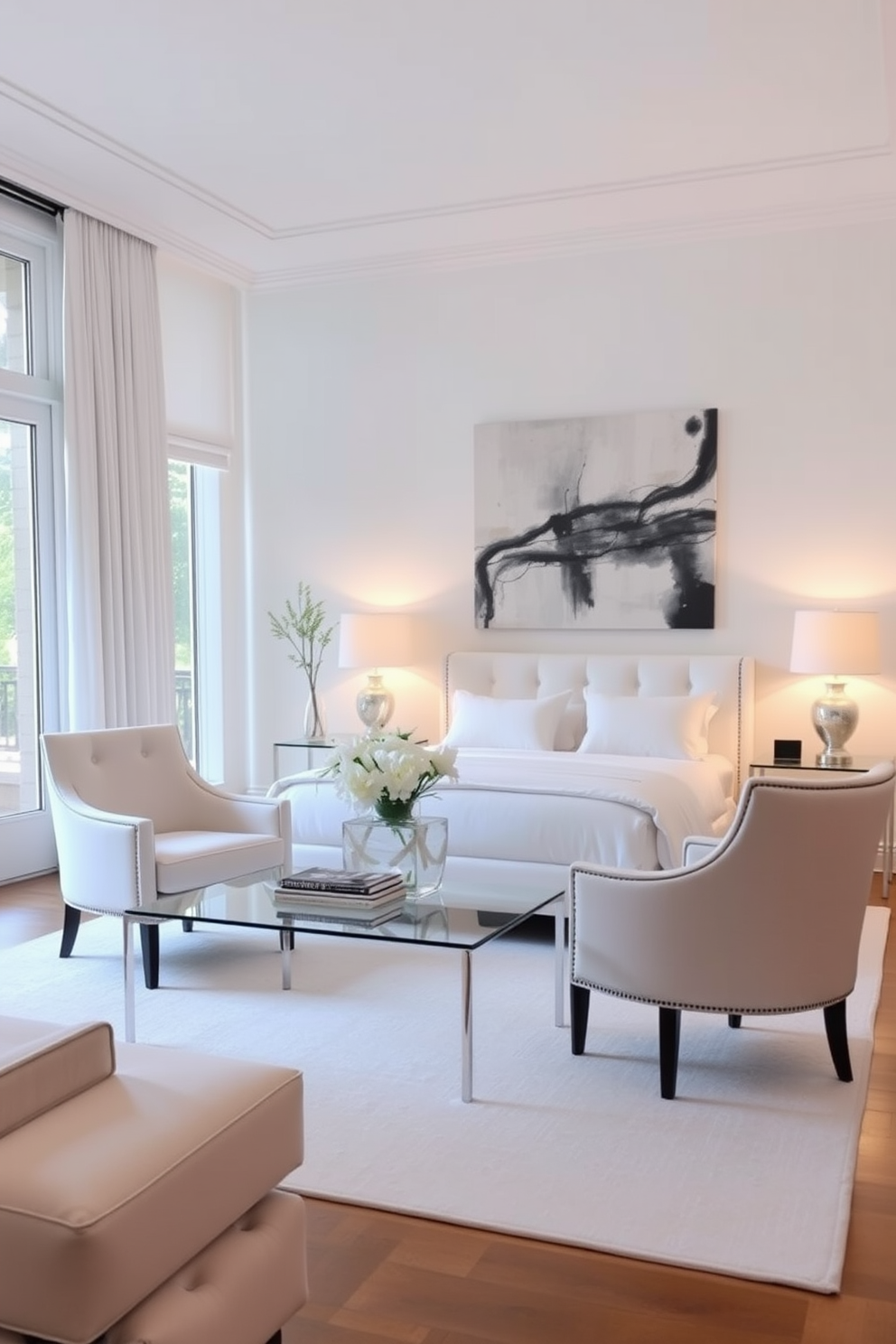 A serene white bedroom featuring layered white linens that create a cozy and inviting atmosphere. The bed is adorned with fluffy pillows and a soft throw blanket, while the walls are painted in a crisp white hue to enhance the light and airy feel.