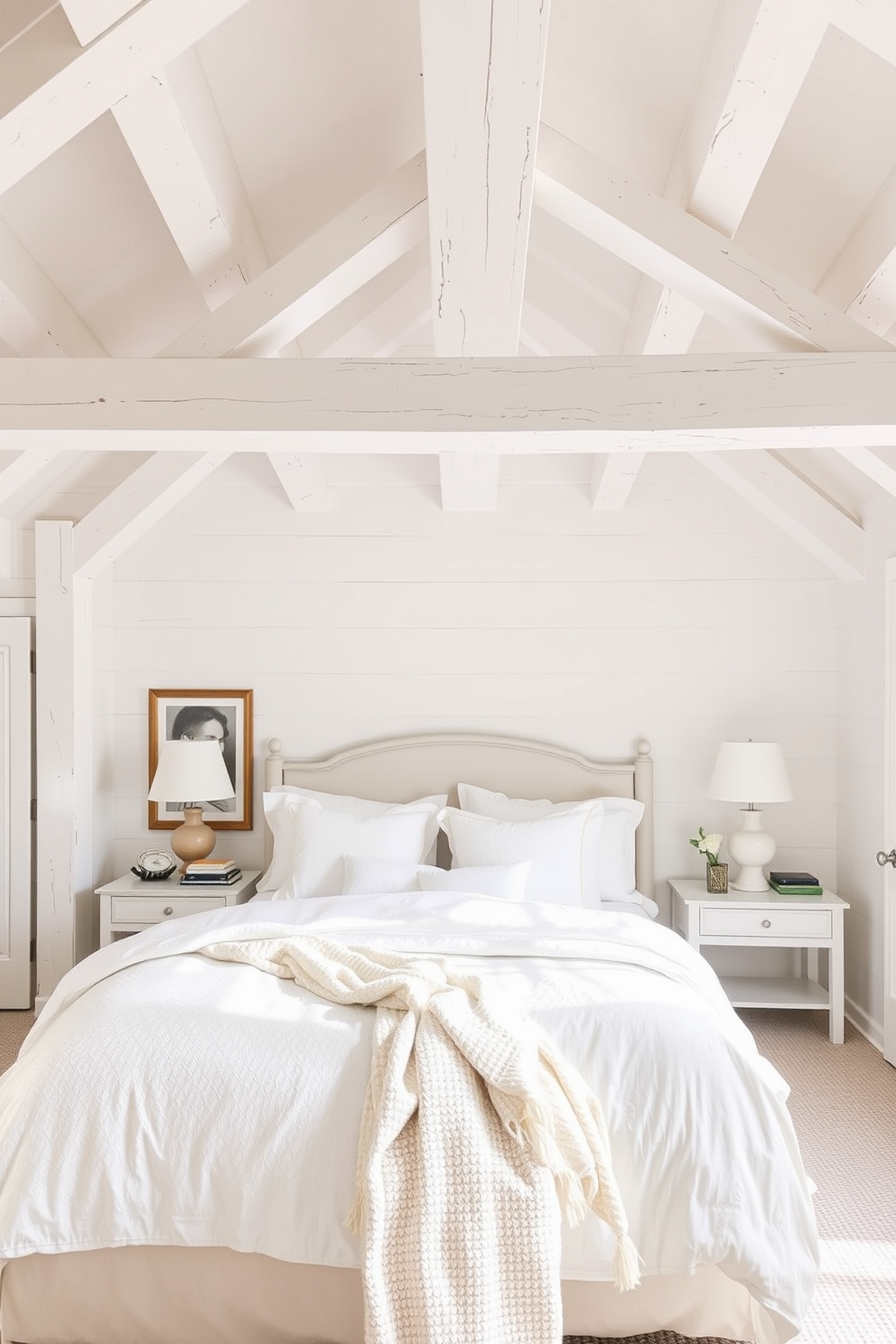 A serene white bedroom featuring white painted beams that add architectural interest to the space. The room is adorned with soft textures and layered bedding in shades of white and cream, creating a peaceful retreat.