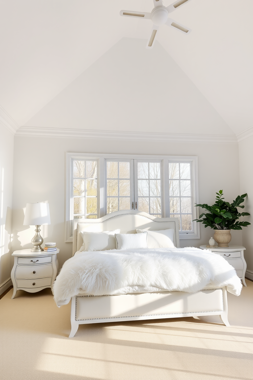 Bright white ceiling for airy atmosphere. The walls are painted in a soft pastel hue, creating a serene backdrop for the room. A plush white bed with fluffy bedding takes center stage, complemented by elegant bedside tables. Natural light floods in through large windows, enhancing the fresh and open feel of the space.