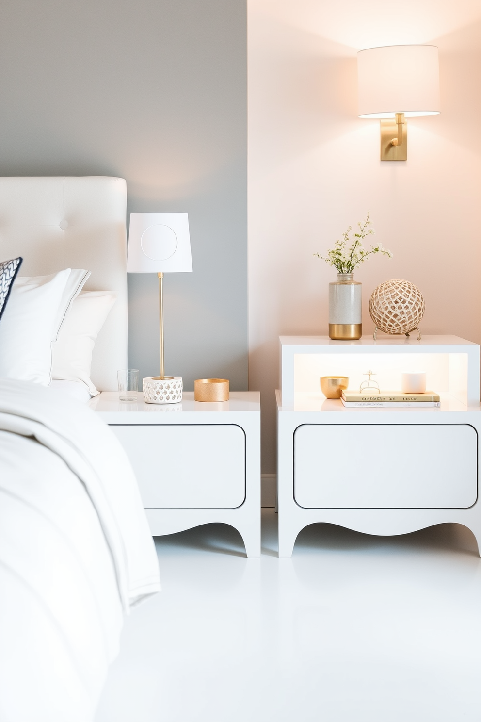 A serene white bedroom setting featuring two white nightstands with unique designs that complement the overall aesthetic. The nightstands are adorned with decorative items and soft lighting, creating a cozy and inviting atmosphere.