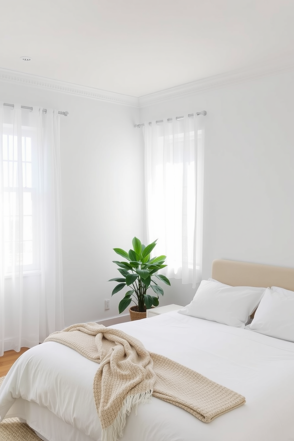 A serene white bedroom filled with natural light. The walls are painted a crisp white, complemented by soft white bedding and plush pillows on a king-sized bed. A large potted plant sits in the corner, adding a touch of greenery to the space. Sheer white curtains gently flutter in the breeze, enhancing the airy atmosphere of the room.