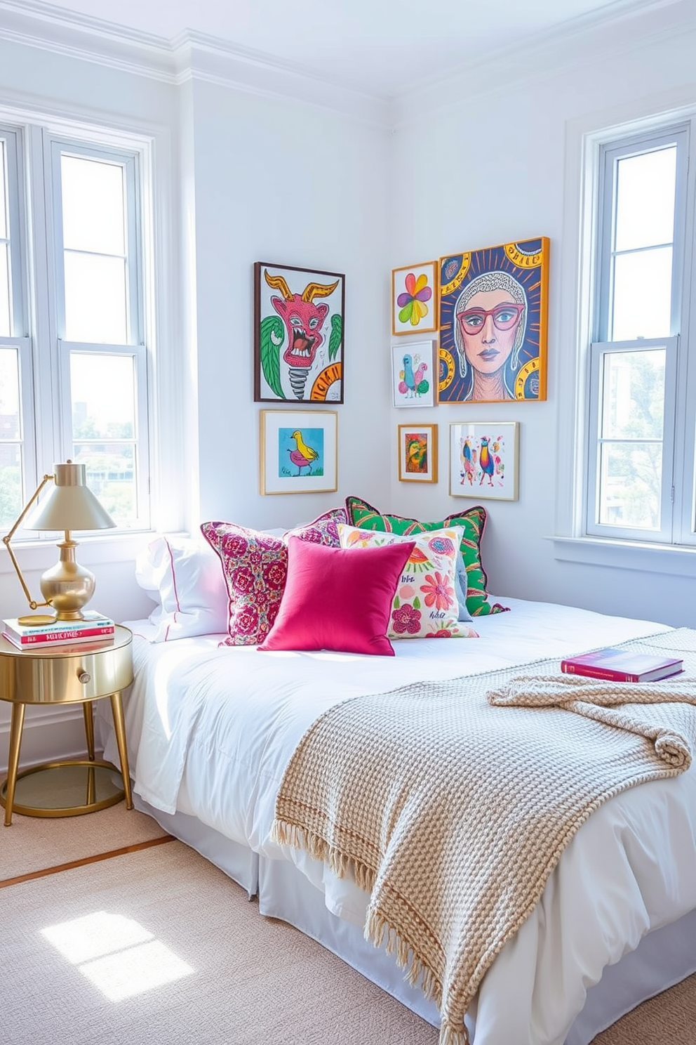 Bright white walls adorned with vibrant and eclectic artwork create a lively atmosphere. The room features a plush white bed with colorful throw pillows and a soft textured blanket, inviting relaxation and comfort. Natural light floods the space through large windows, highlighting the cheerful decor. A stylish bedside table holds a unique lamp and a stack of books, enhancing the room's charm and personality.