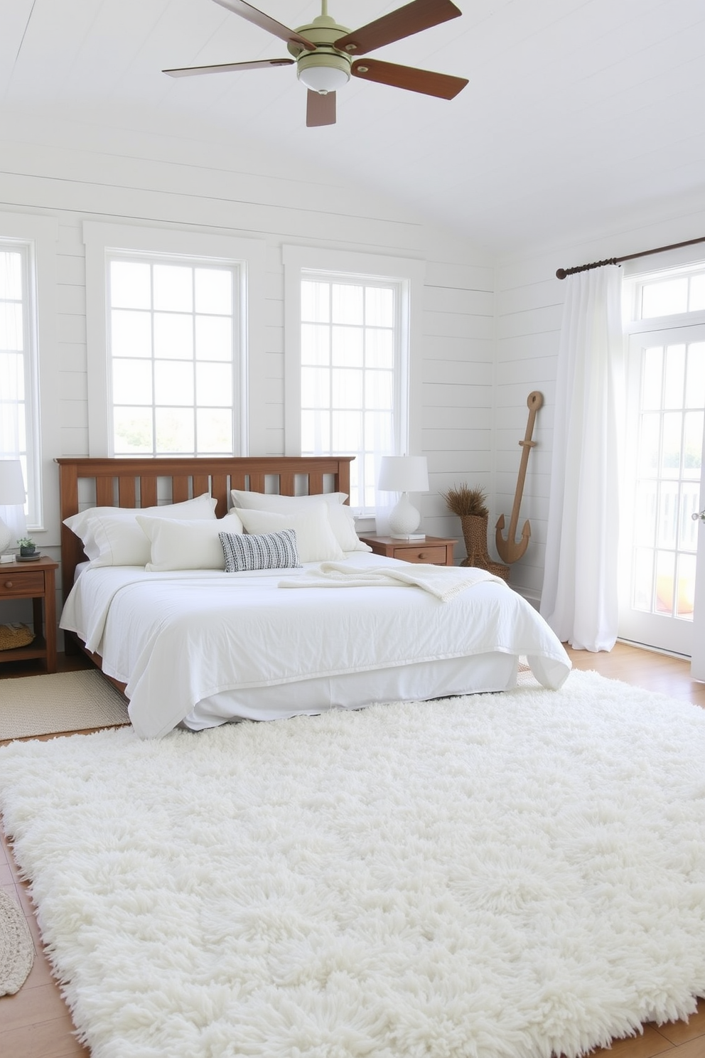 A serene white bedroom featuring classic white shiplap walls that evoke a coastal vibe. The room is adorned with soft linen bedding and a large plush area rug, creating a cozy and inviting atmosphere. Natural light floods the space through large windows dressed with sheer white curtains. A rustic wooden bed frame complements the shiplap, while nautical-inspired decor adds charm and character.