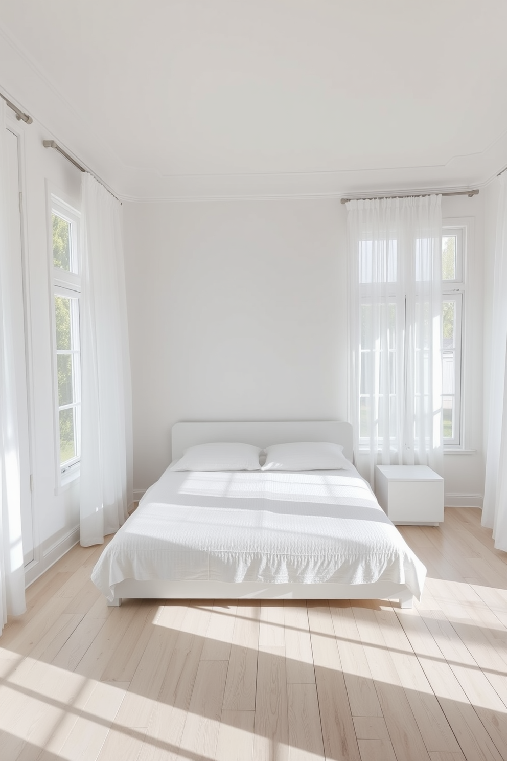 A serene white bedroom filled with natural light. The walls are painted in a soft white hue, and the flooring features light wooden planks. Crisp white curtains frame the large windows, creating an airy atmosphere. A plush white bed with textured linens is centered against the wall, complemented by minimalist bedside tables.