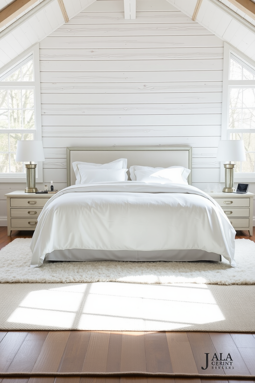 A serene white bedroom featuring whitewashed wood floors that add rustic charm. The walls are adorned with soft white shiplap, and a plush king-sized bed is dressed in crisp white linens. A cozy seating area includes a pair of oversized armchairs upholstered in light gray fabric. Natural light floods the room through large windows, enhancing the airy and tranquil atmosphere.