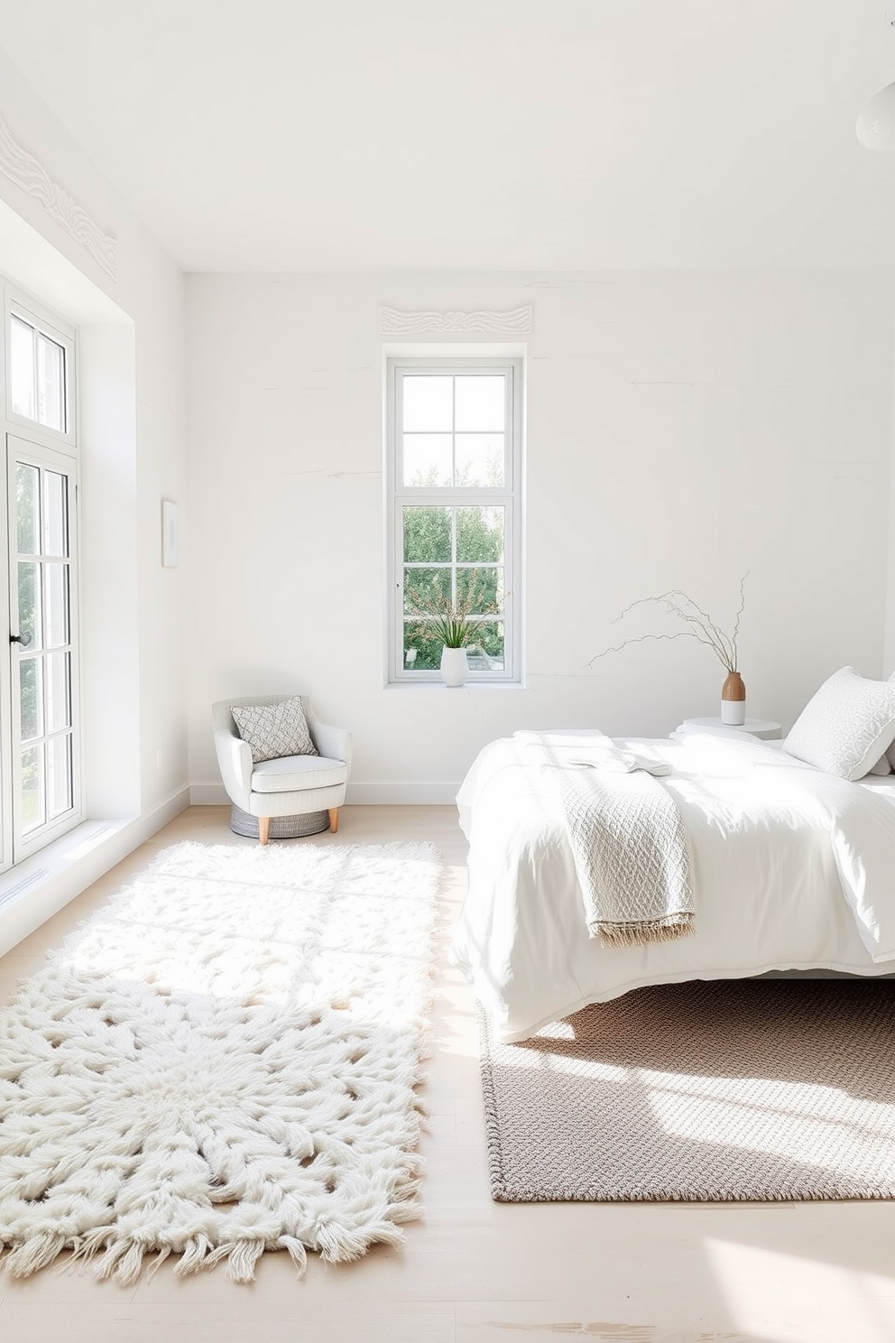 A serene white bedroom design featuring soft white rugs that add cozy warmth underfoot. The walls are adorned with subtle textures, and large windows allow natural light to flood the space, creating an inviting atmosphere.