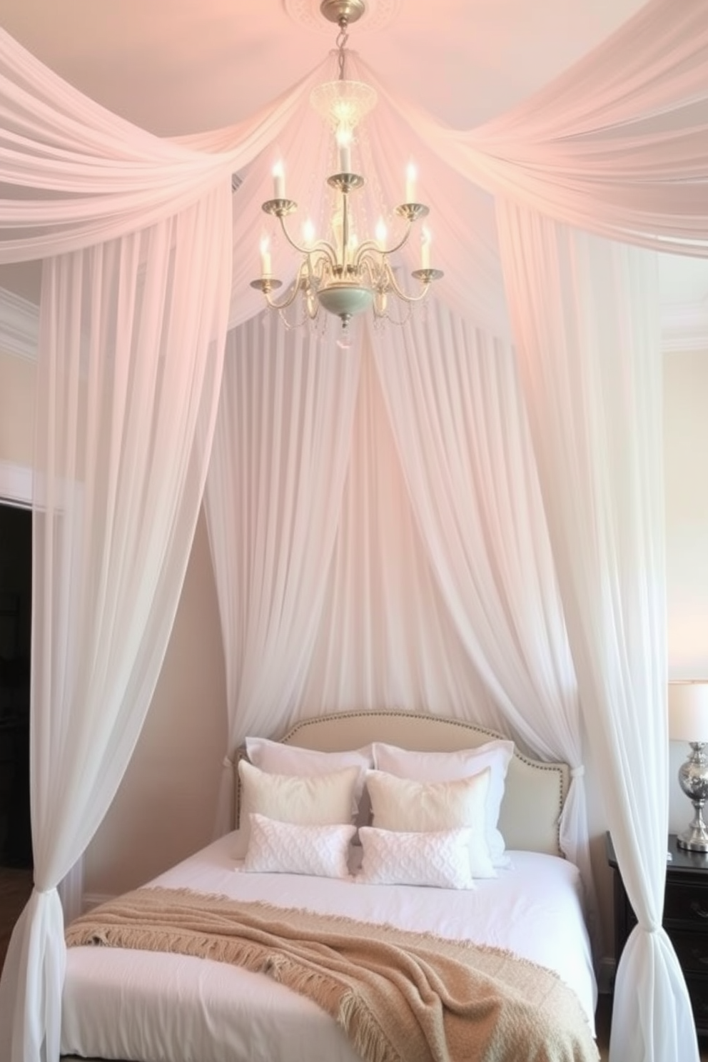 A serene white bedroom adorned with gold accents. The bed features a plush white duvet with golden throw pillows, while a stylish gold-framed mirror hangs above a sleek white nightstand. Soft white curtains drape elegantly over large windows, allowing natural light to fill the room. A chic gold chandelier adds a touch of glamour, complementing the minimalist decor.