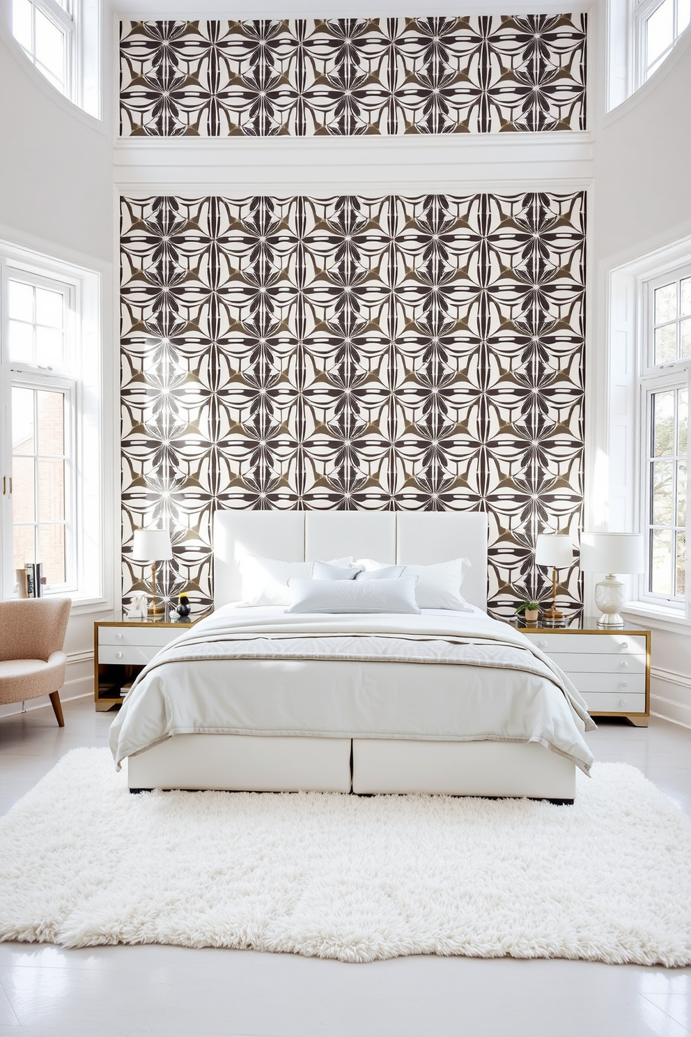 A serene white bedroom featuring an accent wall adorned with bold geometric patterns that create a striking focal point. The room is furnished with a plush king-sized bed dressed in soft linens, complemented by stylish bedside tables on either side. Natural light floods the space through large windows, illuminating a cozy reading nook with a comfortable chair and a small bookshelf. A soft area rug lies beneath the bed, adding warmth and texture to the overall design.