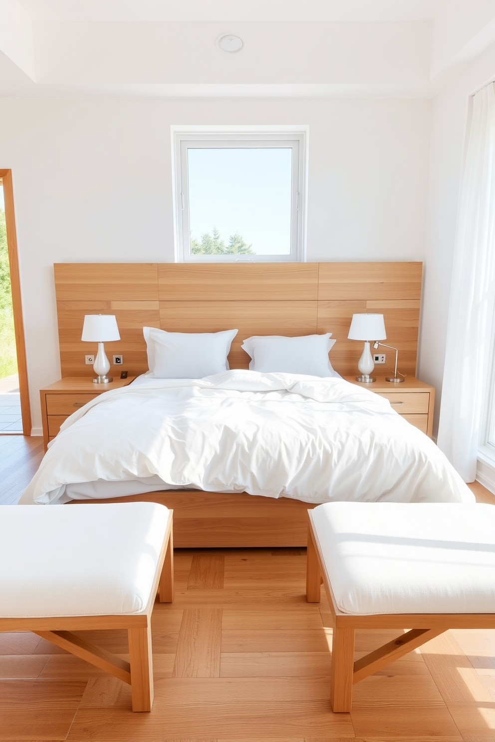 A serene white bedroom featuring natural wood tones throughout. The bed is adorned with crisp white linens and a plush duvet, while a wooden headboard adds warmth to the space. Light wooden bedside tables flank the bed, each topped with elegant lamps that provide a soft glow. A large window allows natural light to flood the room, highlighting the white walls and wooden flooring.