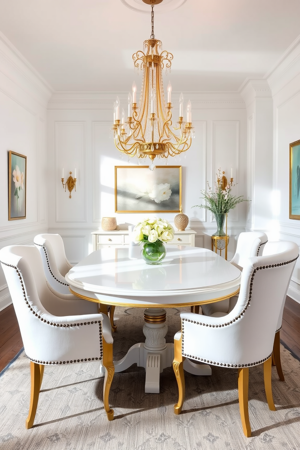 An elegant white dining table with gold accents takes center stage in a sunlit room. Surrounding the table are plush white upholstered chairs that complement the table's design, creating a sophisticated atmosphere. The walls are adorned with soft pastel artwork, enhancing the room's elegance. A stunning chandelier with gold detailing hangs above, casting a warm glow over the dining area.