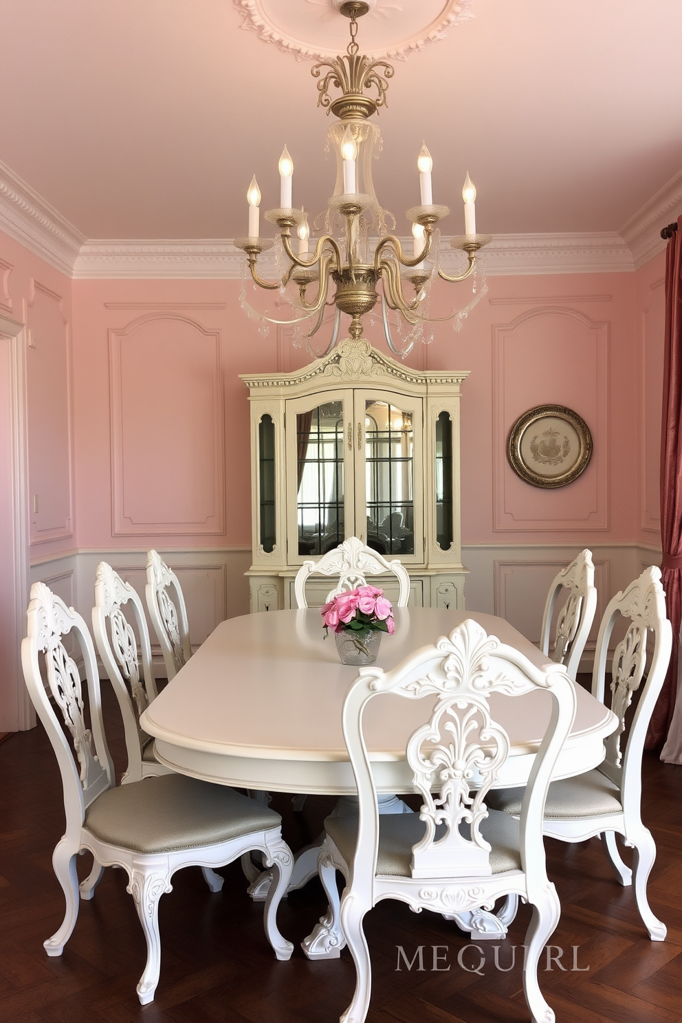 A vintage white dining table is set in an elegant dining room, surrounded by matching white chairs that feature intricate carvings. The walls are adorned with soft pastel colors, and a beautiful chandelier hangs from the ceiling, casting a warm glow over the space.