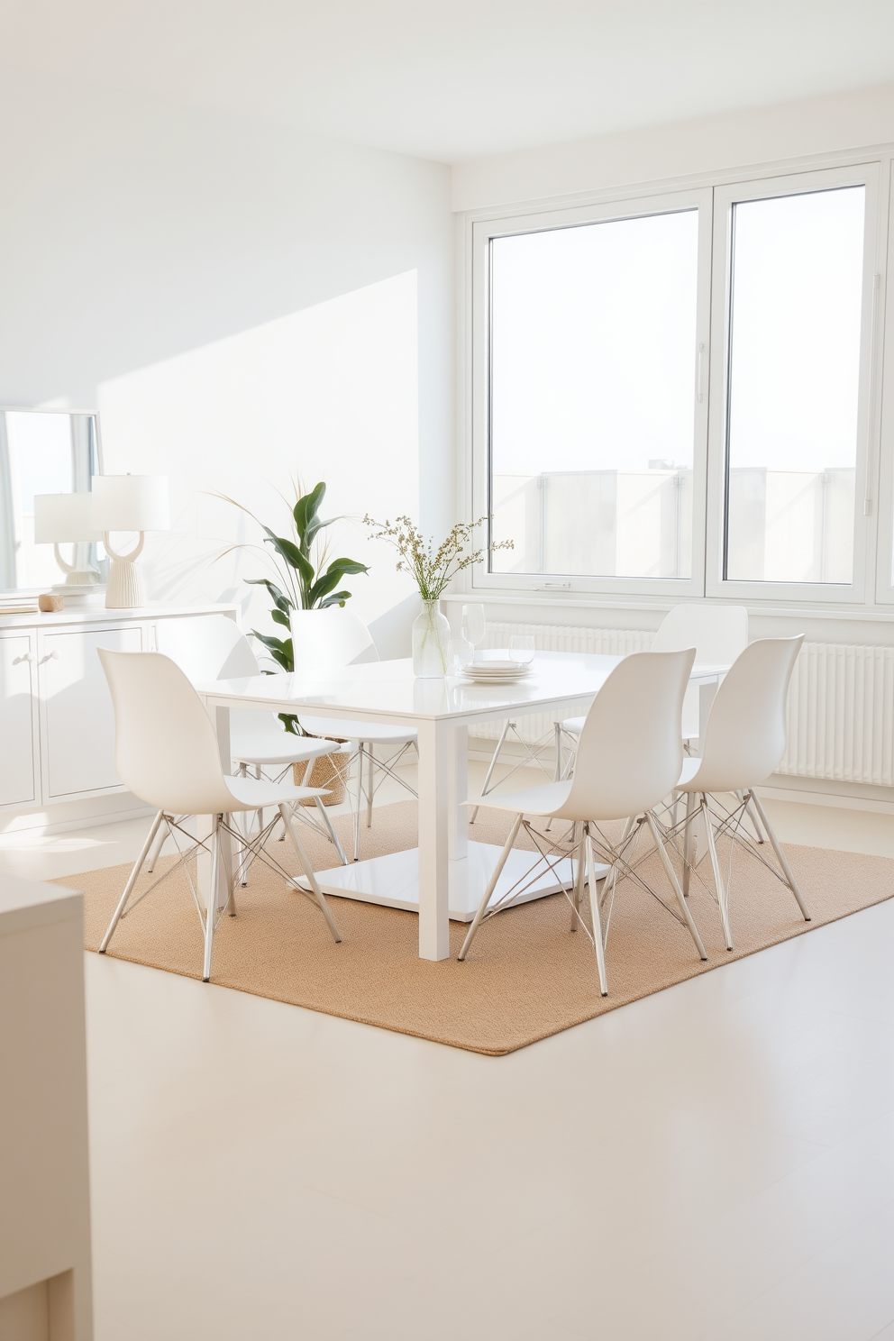 A modern white dining set is elegantly arranged in a bright dining room. The table is surrounded by sleek white chairs with minimalist designs, creating a clean and airy atmosphere. The walls are painted in a soft pastel hue, complementing the white furniture. Large windows allow natural light to flood the space, enhancing the inviting ambiance.