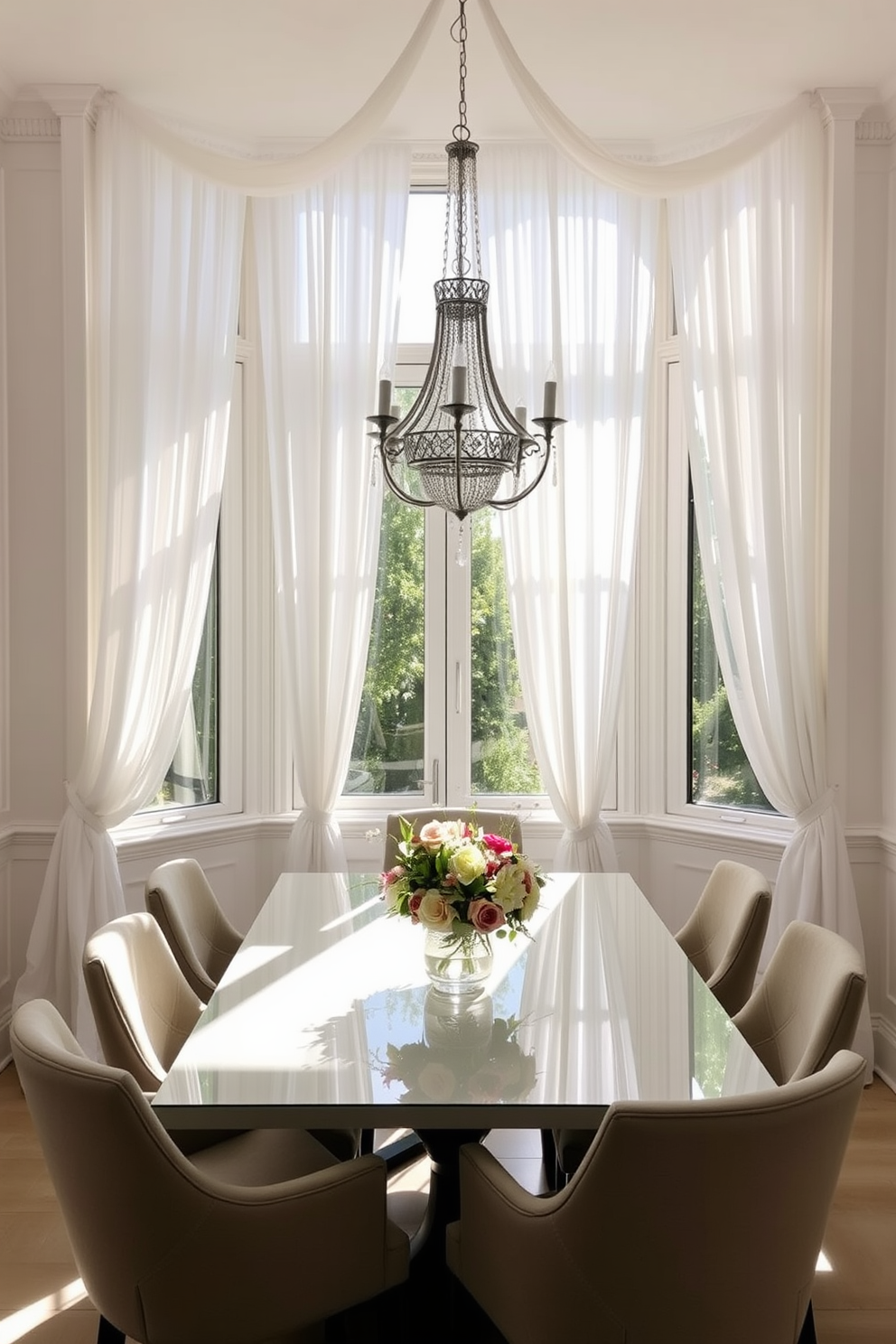 Soft white curtains drape elegantly from the ceiling, allowing natural light to flood the room and create a warm, inviting atmosphere. The dining table is set with a stunning centerpiece of fresh flowers, surrounded by stylish chairs that complement the overall aesthetic. The walls are painted in a soft pastel hue, enhancing the airy feel of the space. A chic chandelier hangs above the table, casting a gentle glow that adds sophistication to the dining experience.