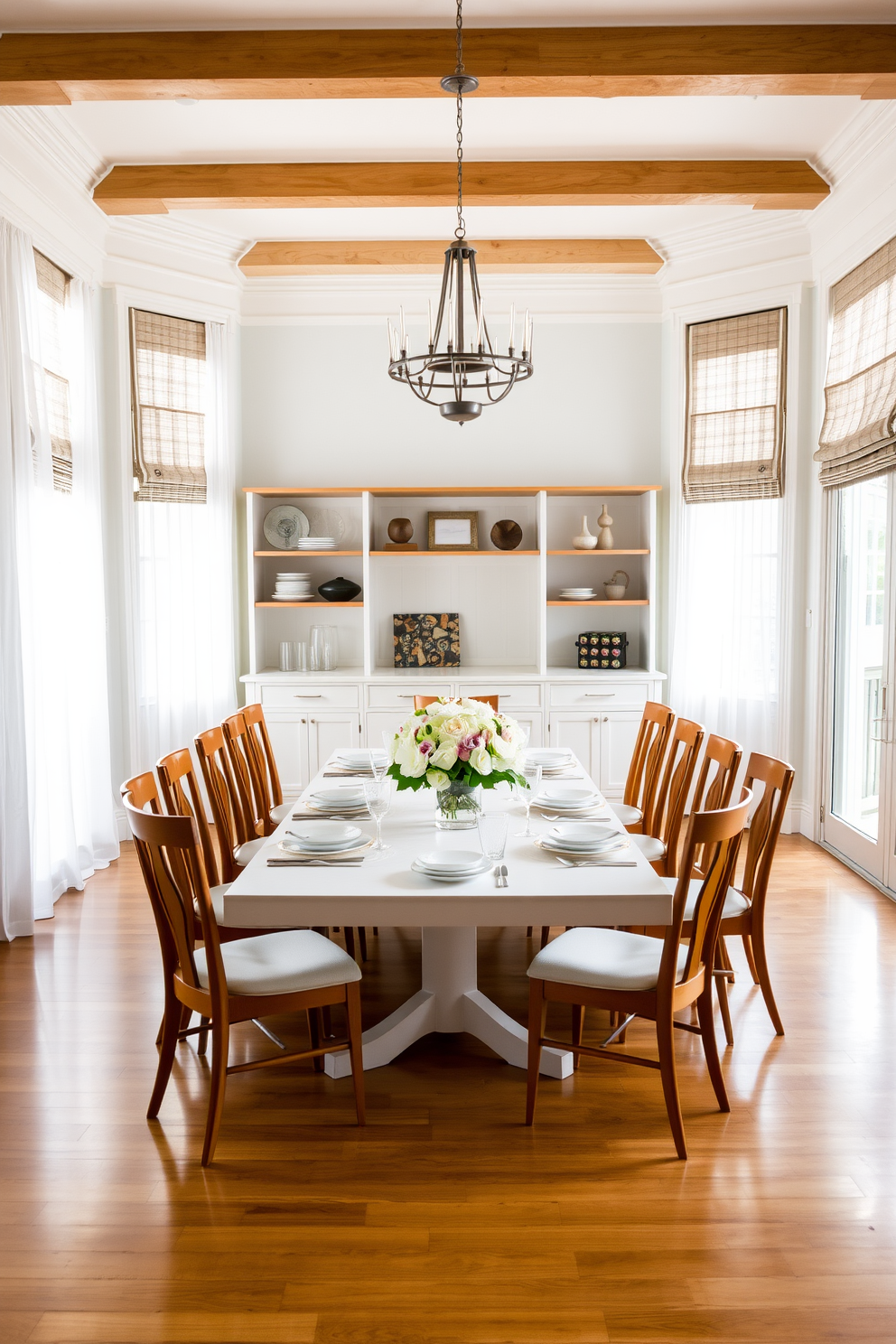 A bright and airy dining room featuring a large white table surrounded by wooden chairs that add warmth to the space. Natural light floods in through large windows adorned with sheer white curtains, highlighting the white walls and polished wooden floor. A stunning centerpiece of fresh flowers sits atop the table, complemented by elegant white dinnerware. The room is accented with wooden shelving displaying tasteful decor and a statement light fixture hanging above the table.