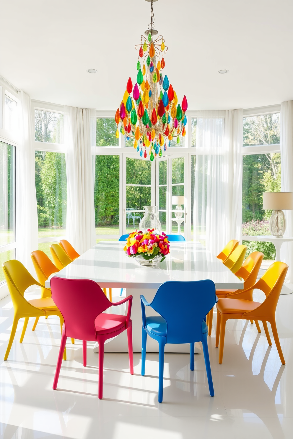 Bright accents complement the white base decor in a spacious dining room. The room features a large white table surrounded by colorful chairs, with a vibrant centerpiece of fresh flowers. Natural light floods the space through large windows adorned with sheer white curtains. A statement chandelier with colorful glass elements hangs above the table, enhancing the cheerful atmosphere.