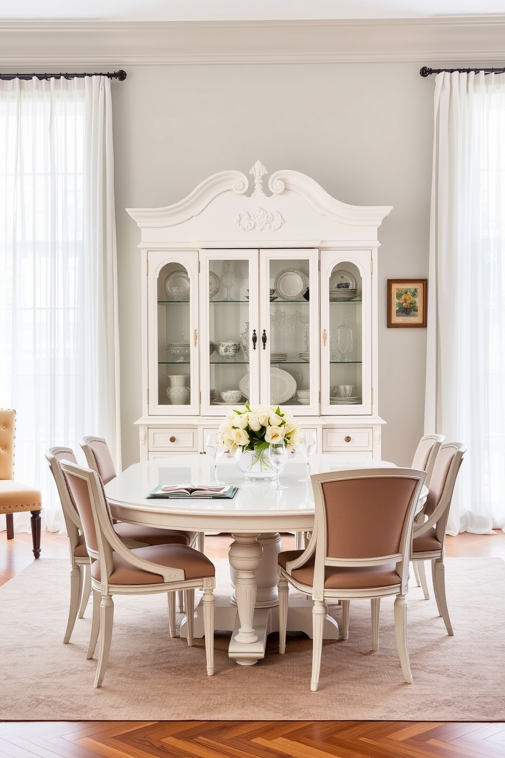 A classic white china cabinet stands elegantly against the wall, showcasing fine china and decorative glassware. The cabinet features intricate detailing and glass doors, adding a touch of sophistication to the space. The dining room is designed with a large white table surrounded by upholstered chairs, creating a welcoming atmosphere. Soft natural light filters through sheer curtains, enhancing the room's airy and refined aesthetic.