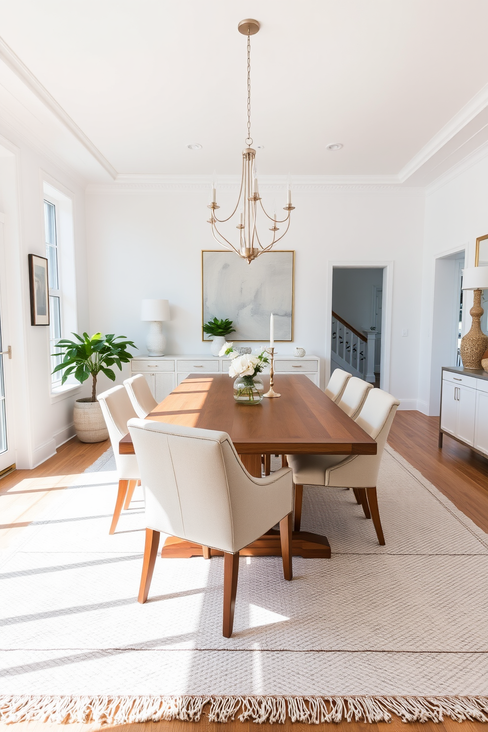 A bright and airy Scandinavian style dining area features a large white wooden table surrounded by minimalist chairs in soft pastel colors. Natural light floods the space through large windows adorned with sheer white curtains, creating a serene and inviting atmosphere.