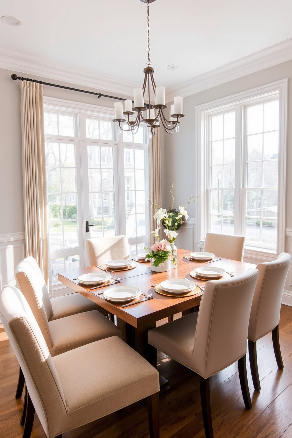 A bright and airy dining room features a long wooden table set with elegant white plates. Surrounding the table are upholstered chairs in a soft beige fabric, adding warmth to the neutral color palette. The room is illuminated by a modern chandelier that hangs gracefully above the table. Large windows allow natural light to flood in, highlighting the subtle textures of the light gray walls.