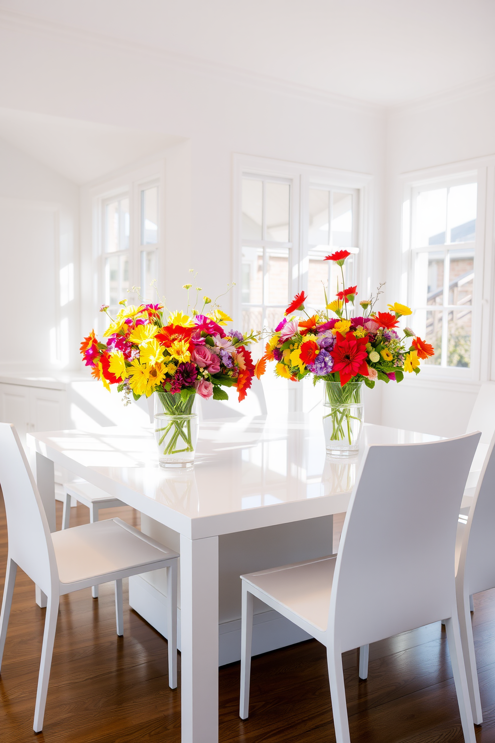 Bright floral centerpieces in vibrant colors are arranged in elegant glass vases on a pristine white dining table. The table is surrounded by sleek white chairs, creating a fresh and inviting atmosphere in the dining room. The walls are painted in a soft pastel hue, enhancing the brightness of the space. Natural light floods in through large windows, illuminating the floral arrangements and adding warmth to the overall design.