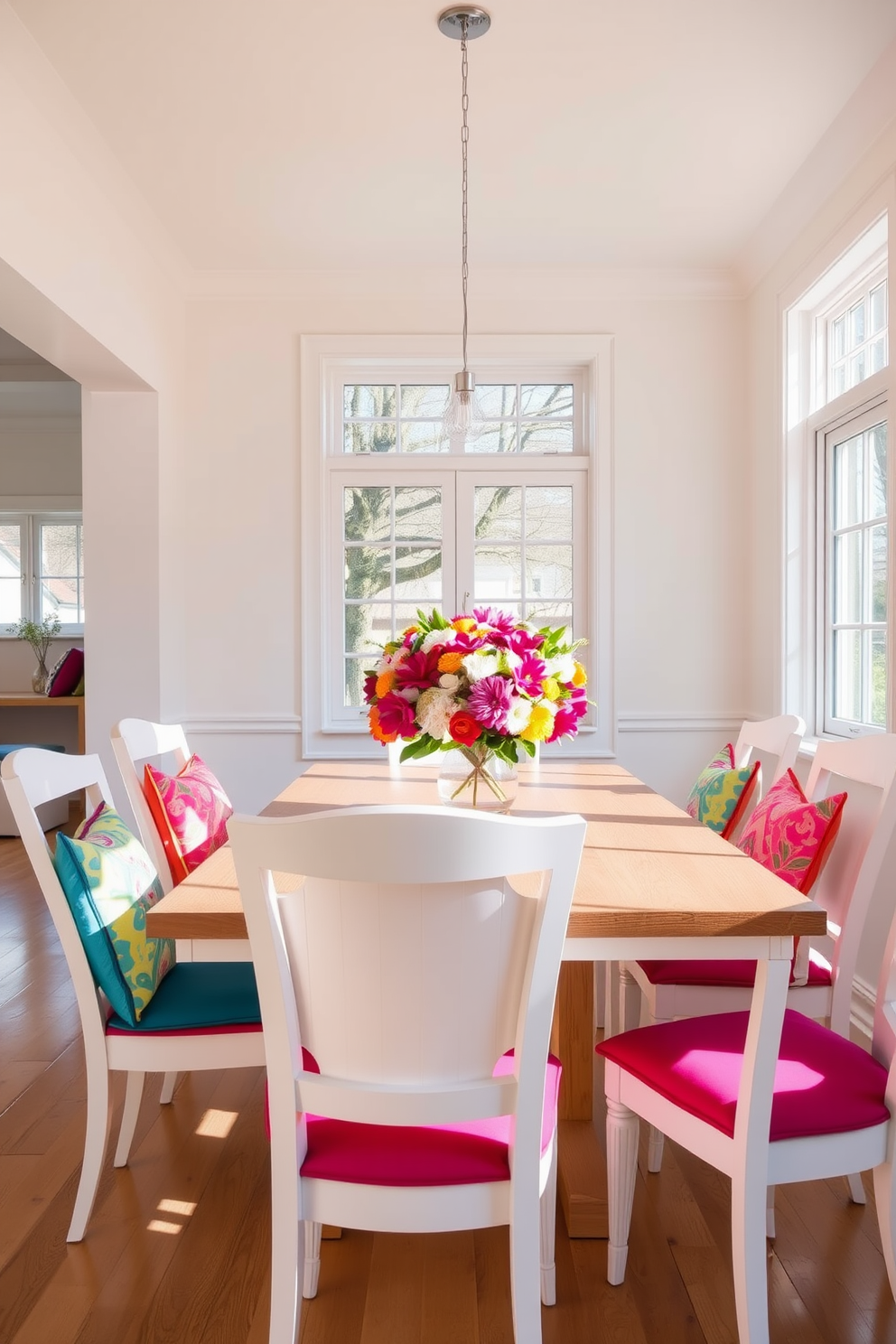 A bright and airy dining room features elegant white dining chairs adorned with vibrant, colorful cushions that add a playful touch. The table is a sleek wooden design, complemented by a stunning centerpiece of fresh flowers in a modern vase. Large windows allow natural light to flood the space, enhancing the cheerful atmosphere. The walls are painted in a soft pastel hue, creating a harmonious backdrop for the stylish furnishings.