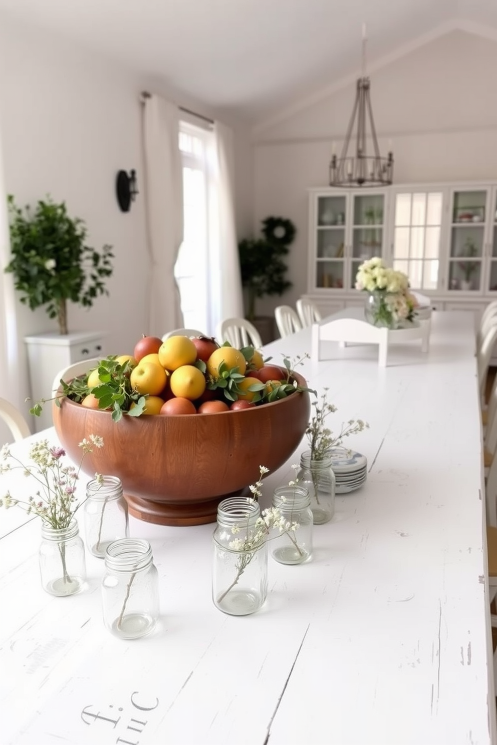 A rustic white farmhouse table centerpiece featuring a large wooden bowl filled with seasonal fruits and greenery. Surrounding the bowl are small mason jars with wildflowers, creating a charming and inviting atmosphere. For the white dining room design, envision a spacious layout with a long whitewashed table and mismatched vintage chairs. Soft natural light filters through sheer curtains, illuminating the room's subtle textures and warm, inviting decor.