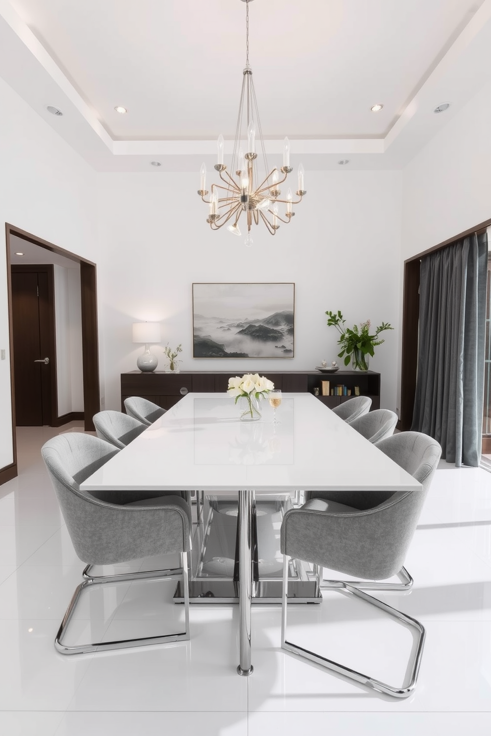 A sleek white dining table with chrome legs takes center stage in a modern dining room. Surrounding the table are elegant upholstered chairs in a soft gray fabric, creating a chic and inviting atmosphere. The walls are painted in a crisp white, enhancing the room's brightness and spaciousness. A statement chandelier with a contemporary design hangs above the table, providing a touch of sophistication and warmth.