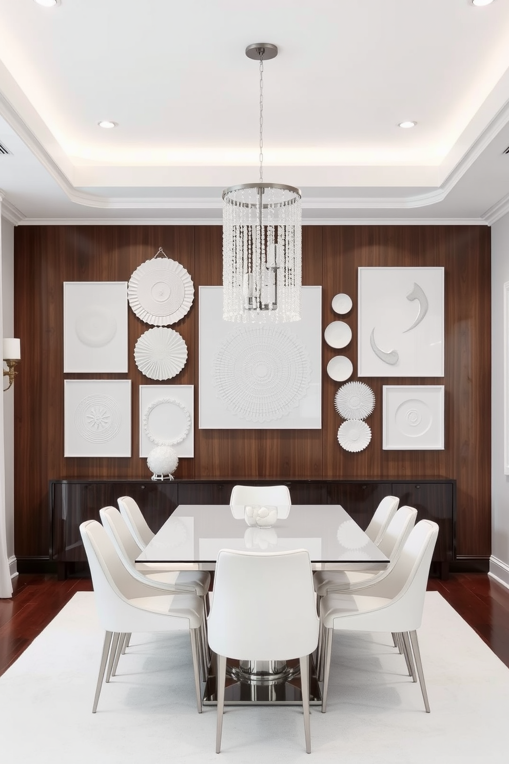 Bright space with white and wood tones. The dining room features a large white table surrounded by wooden chairs with soft cushions. Natural light floods in through large windows, enhancing the airy atmosphere. A statement pendant light hangs above the table, adding a touch of elegance to the design.