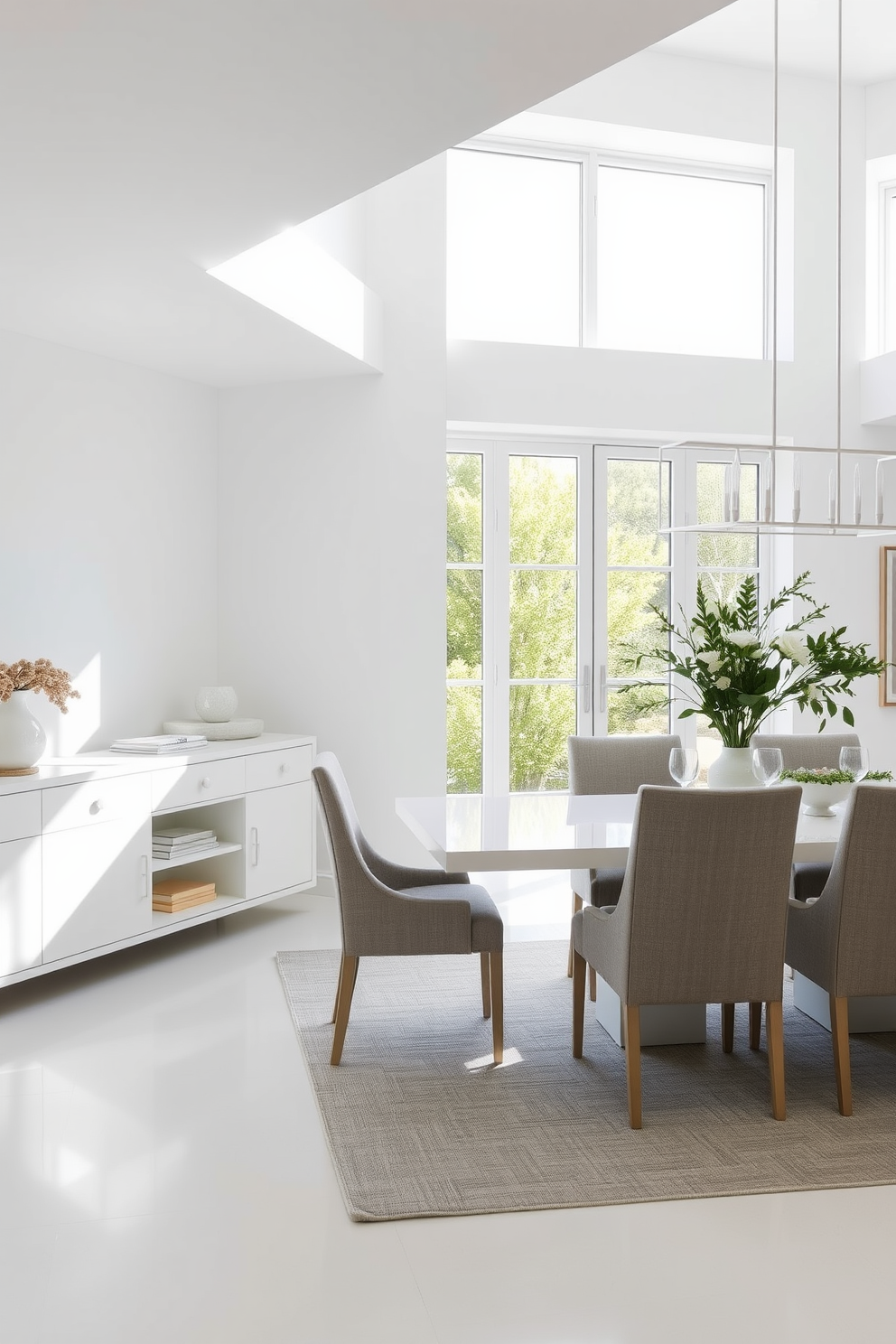 Charming white dining room with vintage decor. The room features a large wooden dining table surrounded by mismatched antique chairs, creating an inviting atmosphere. Soft natural light filters through sheer white curtains, illuminating the room's delicate floral wallpaper. A vintage sideboard displays a collection of porcelain dishes, adding a touch of nostalgia to the space.