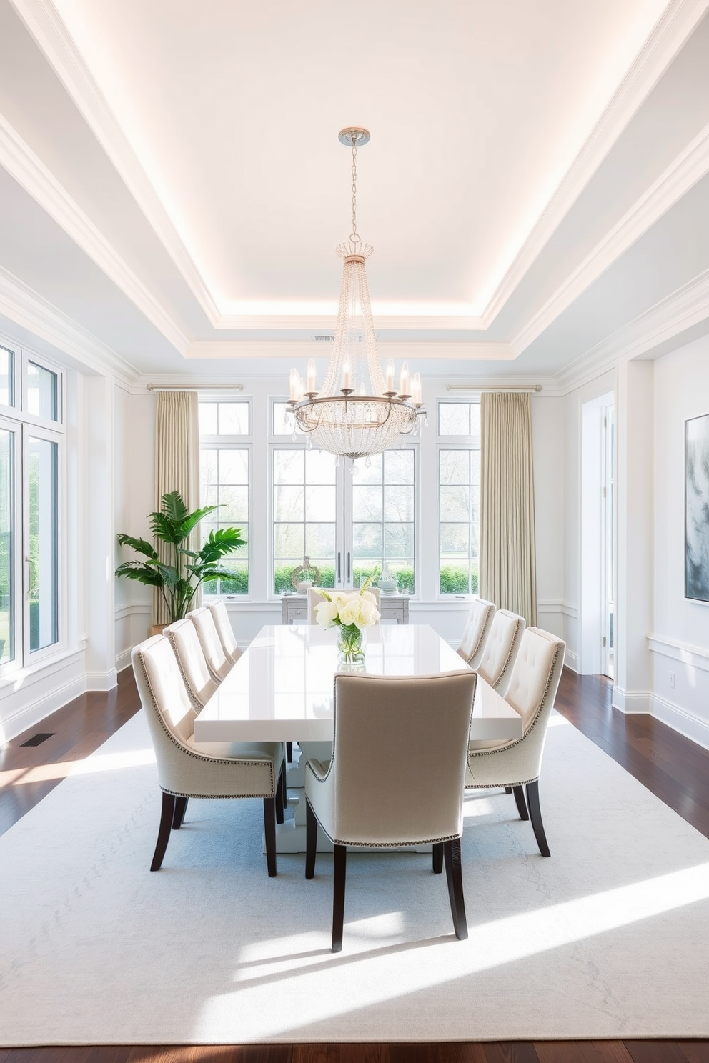 A modern white dining area features a sleek rectangular table surrounded by minimalist chairs with geometric designs. The walls are adorned with abstract art, and large windows allow natural light to flood the space, enhancing the airy atmosphere. The floor is finished with light hardwood, creating a warm contrast against the white decor. A statement chandelier with a unique shape hangs above the table, adding a touch of elegance to the overall design.