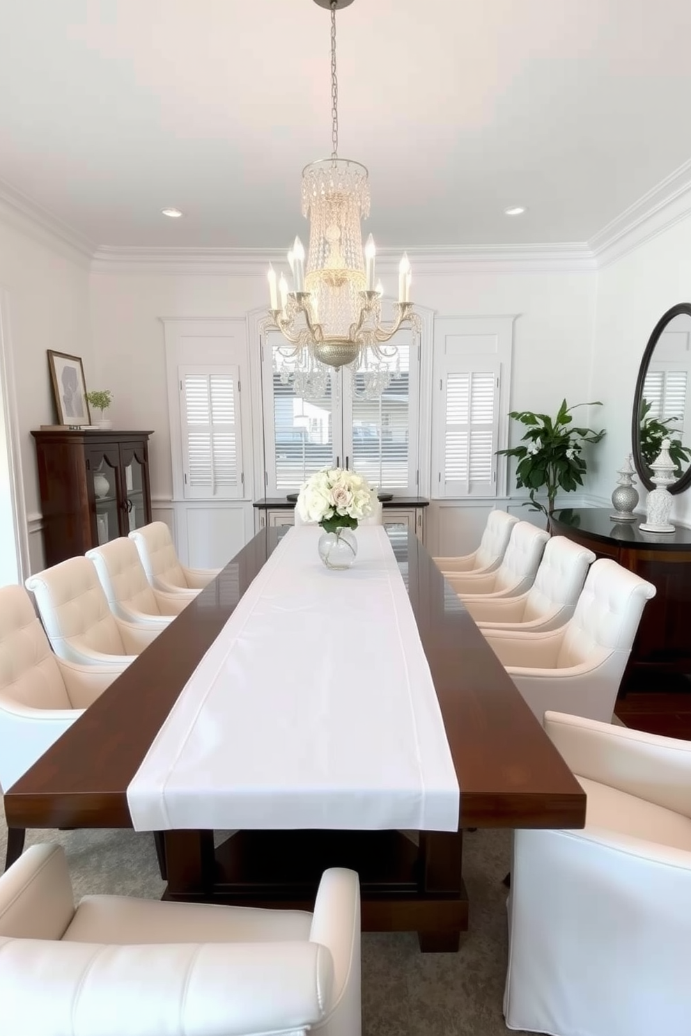 A bright and airy dining room features a large rectangular table adorned with crisp white table runners that add elegance to the setting. Surrounding the table are plush white upholstered chairs that enhance the room's inviting atmosphere. The walls are painted in a soft pastel hue, creating a serene backdrop for the space. A stunning chandelier hangs overhead, casting a warm glow and accentuating the sophisticated design.