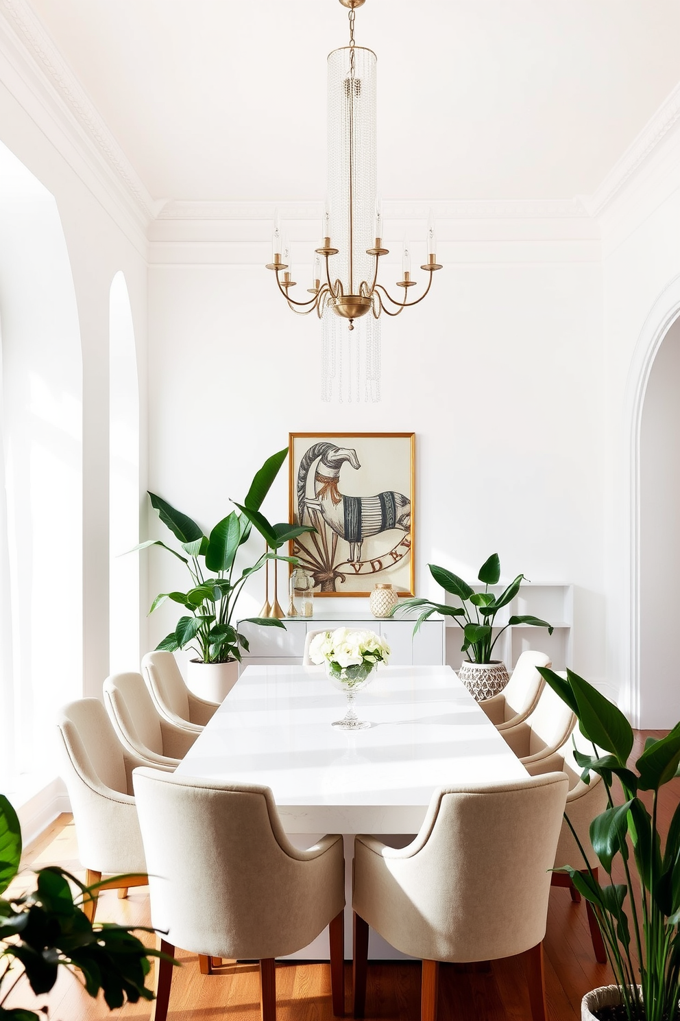 A timeless white dining room featuring classic elements. The space includes a large wooden dining table with elegant white chairs surrounding it. Chandeliers hang gracefully from the ceiling, casting a warm glow over the room. Soft white curtains frame the windows, allowing natural light to filter in beautifully.