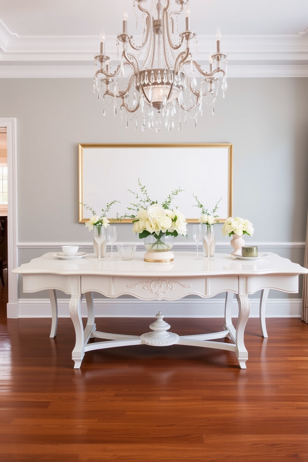 An elegant white buffet table is set against a backdrop of soft gray walls, adorned with delicate floral arrangements and stylish tableware. The dining room features a large chandelier overhead, casting a warm glow on the polished hardwood floors and complementing the white table with its intricate details.