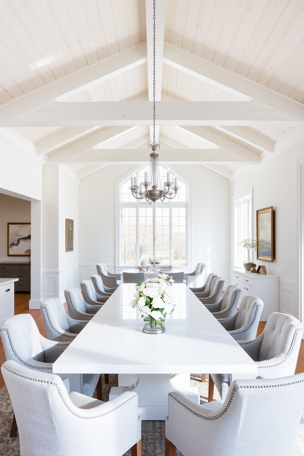 A minimalist white dining area features a sleek rectangular table surrounded by modern chairs with clean lines. The walls are painted in a crisp white, and large windows allow natural light to flood the space, enhancing the airy feel. A statement pendant light hangs above the table, creating a focal point while maintaining the minimalist aesthetic. Subtle greenery in a simple vase adds a touch of warmth without overwhelming the simplicity of the design.