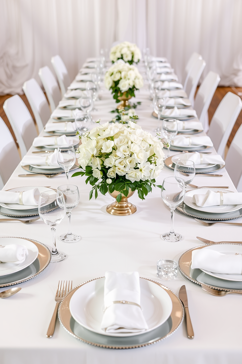 A sophisticated white table setting for gatherings features an elegant tablecloth draped over a long dining table. Delicate white china plates are arranged on polished silver chargers, accompanied by crystal glassware that sparkles in the ambient light. The centerpiece consists of a lush arrangement of white flowers in a stylish vase, surrounded by soft green foliage. Each place setting is adorned with neatly folded linen napkins and tasteful silverware, creating an inviting atmosphere for guests.