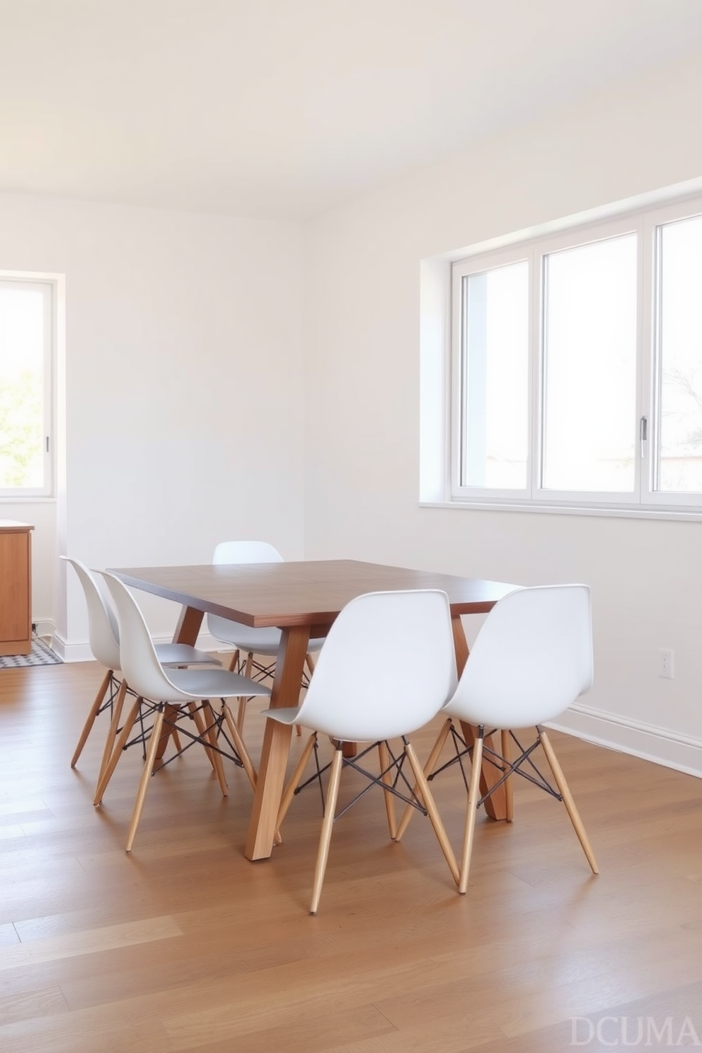 A minimalist dining room features sleek white dining chairs with wooden legs arranged around a simple wooden table. The walls are painted in a soft neutral tone, and a large window allows natural light to fill the space, enhancing the airy atmosphere.